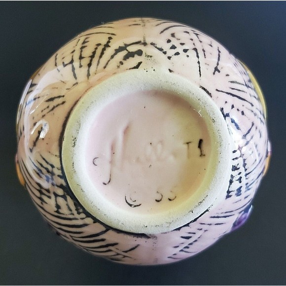 Hull Blossom Flight Pink Pottery Pitcher Basket Weave Pattern Ram's Horn Handle - Picture 8 of 9